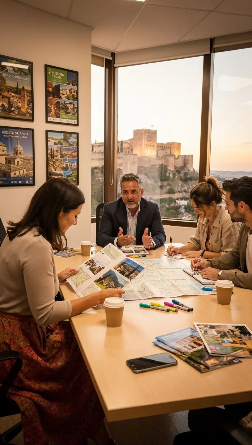 Agente de viajes explicando itinerarios personalizados para múltiples ciudades a un cliente.